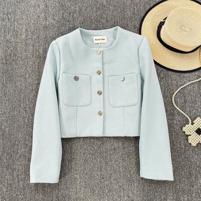 Autumn Winter Women Elegant Little Fragrant Wind Full Sleeve Single Breasted Tweed Short Jacket Coat with Pocket