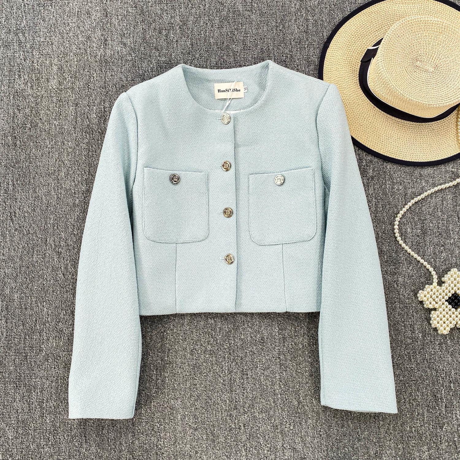 

Осень Зима Женский Элегантный Маленький Ароматный Ветер Полный Рукав Однобортный Твидовый Короткий Пиджак Пальто с Карманом L светло-синий