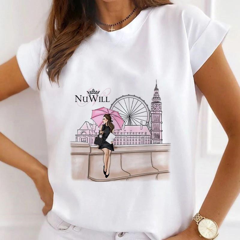 New European and American Fashion City Girl Trend Round Neck Short Sleeve Women's T-shirt Graphic T Shirts Tops