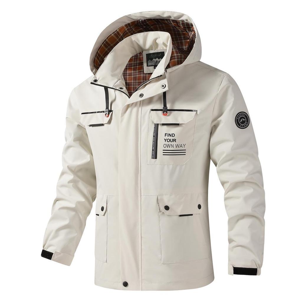 Evropská velikost Pánská nepromokavá větrovka - Lehká, větruodolná, s kapucí, outdoorová bunda pro horolezectví.