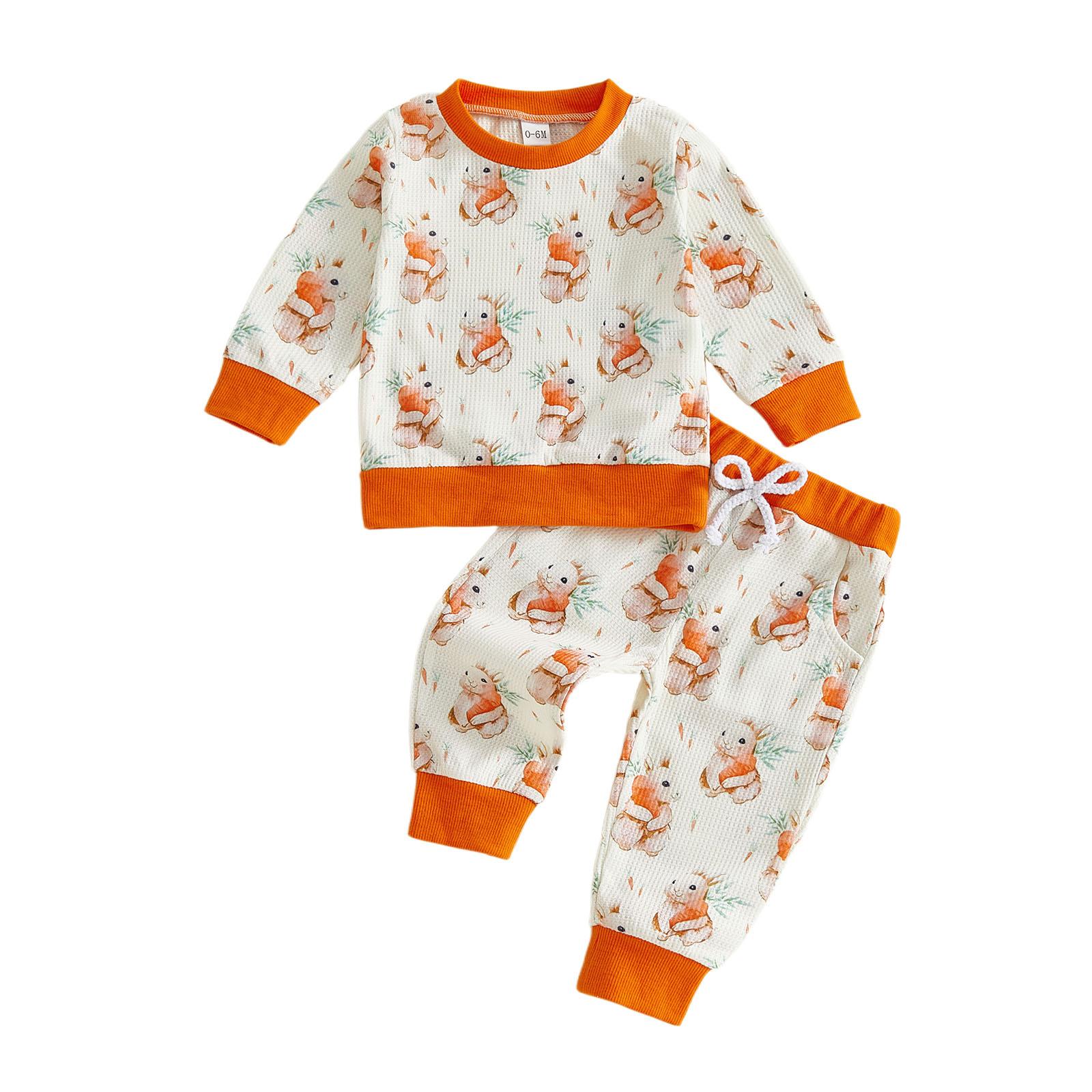

Boys Easter 2Pcs Pants Outfits Long Sleeve O Neck Bunny Carrot Print Tops Drawstring Pants Sets 0-6M помаранчевий