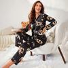 Damen Satin Pyjama Set Langarm Bedruckte Loungewear Winter Weiches Nachtwäsche Outfit