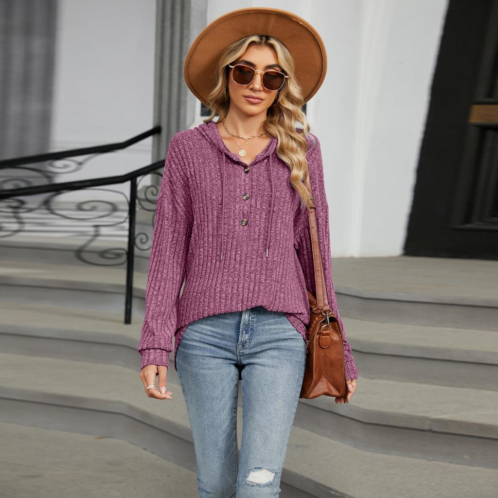 Autumn and Winter New Solid Color Hooded Button Versatile Style Solid Color Loose Long Sleeved Sweatshirt Women's Clothing