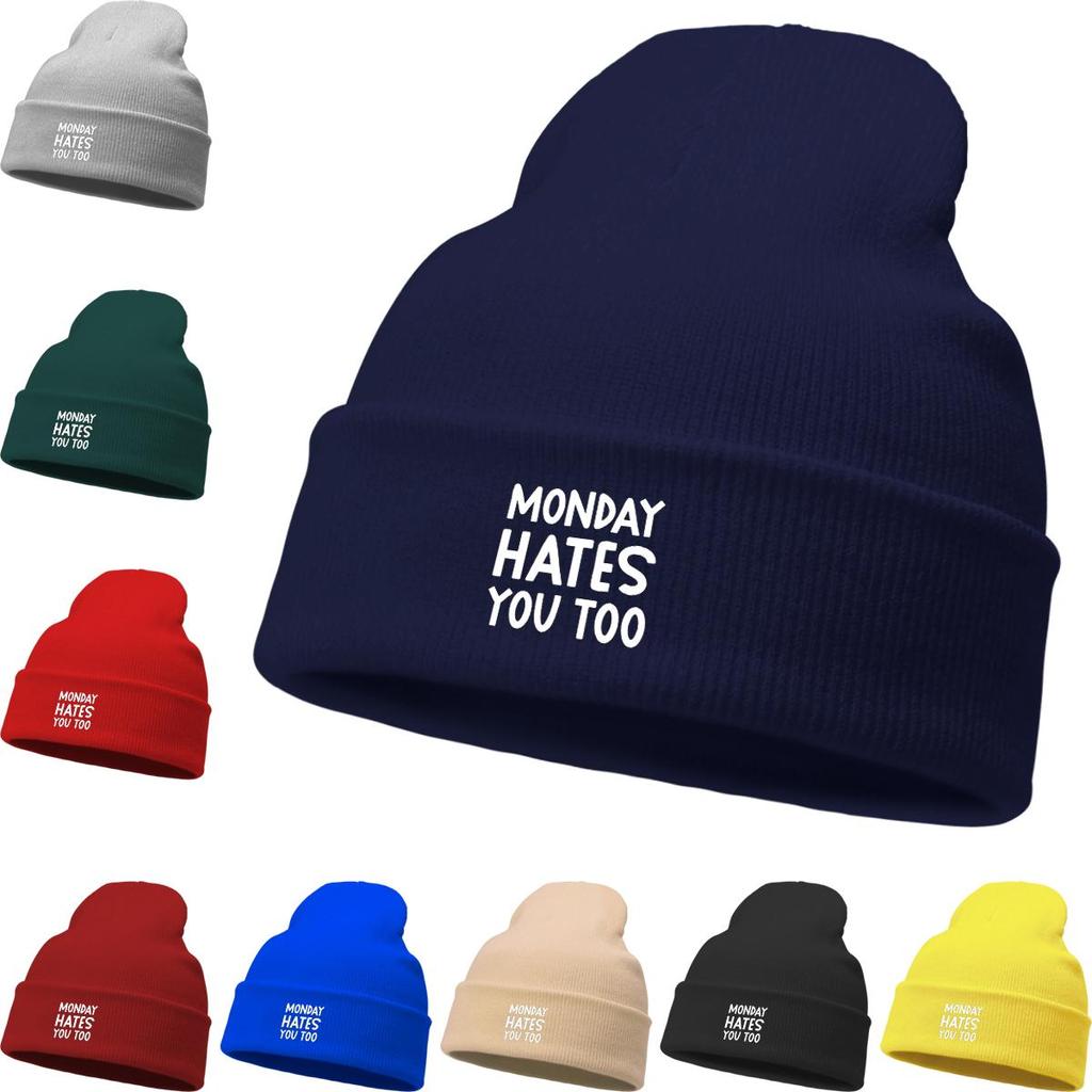 MONDAY HATES YOU TOO" Warm Knit Cap Beanie, White Text Man Cap Stretchy Candy Color Solid Color Gorro Knitted Hat Beanie