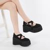Gdgydh Women Gothic Mary Jane Platform Shoes Thick Sole Waterproof Platform Heels Cross Buckle Wedge Heels Bat Buckle Design
