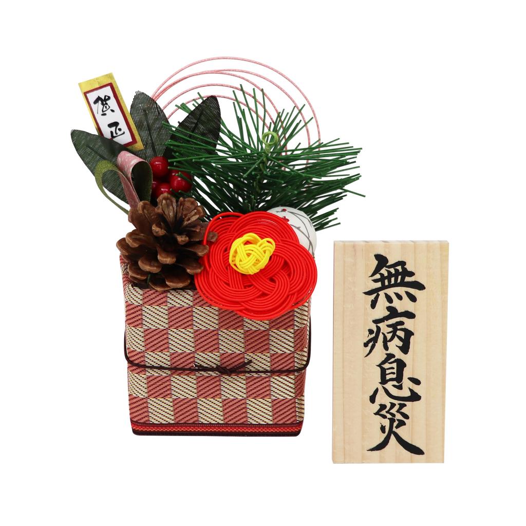 Osaka Choseido Kadomatsu New Year Made of Mizuhiki and Welcome Spring Height Free Original Wooden Card Tatami Rim Peach Checkerboard Ornament,