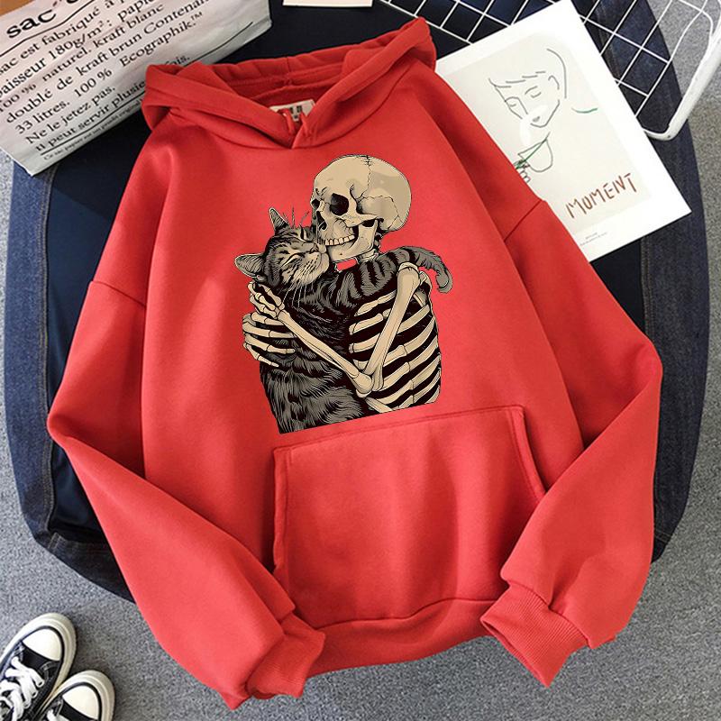 Halloween Skull and Cat Print Kangaroo Pocket Hoodie Autumn Winter Long Sleeve Sweatshirt Women Funny Vintage Hooded 90s Clothes