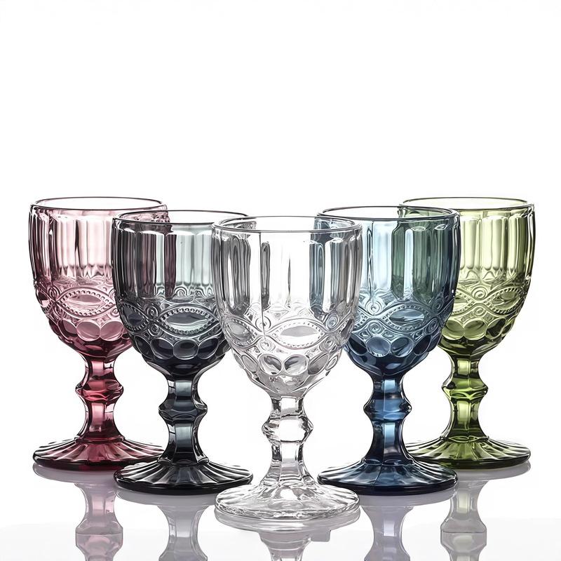 European Embossed Wine Glass Thickened Colorful Glass High Foot Juice Cup Retro Red Wine Glass