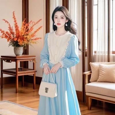 Robe Cintrée à la Taille Patchwork Bleu Style Princesse Tempérament Doux Robe Longue