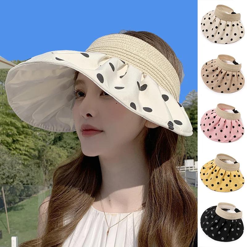 Summer Breathable Empty Top Hats For Women Vintage Polka Dots Adjustable Wide Brim Sun Hat Girls Outdoor Portable Foldable Caps