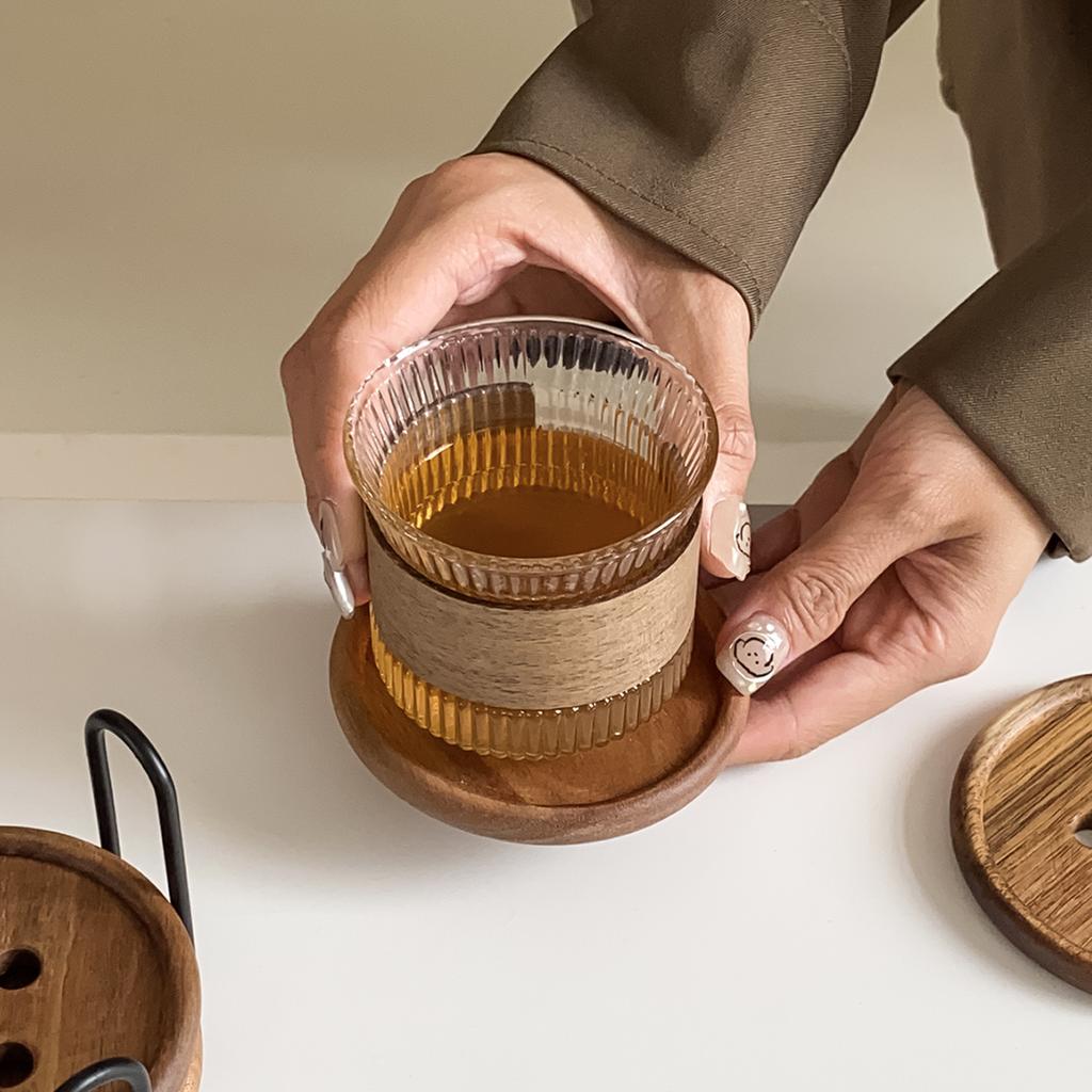 6-Piece Original Colorful Button Coaster Set with Cross-Shaped Iron Rack Coaster Holder Dopamine Round Wooden Coasters Exquisite Coffee Cup Holders