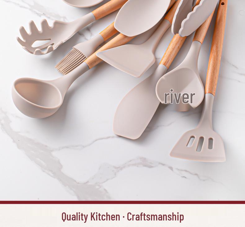 12-Piece Silicone Kitchen Tool Set with Wooden Handles & Storage Bucket