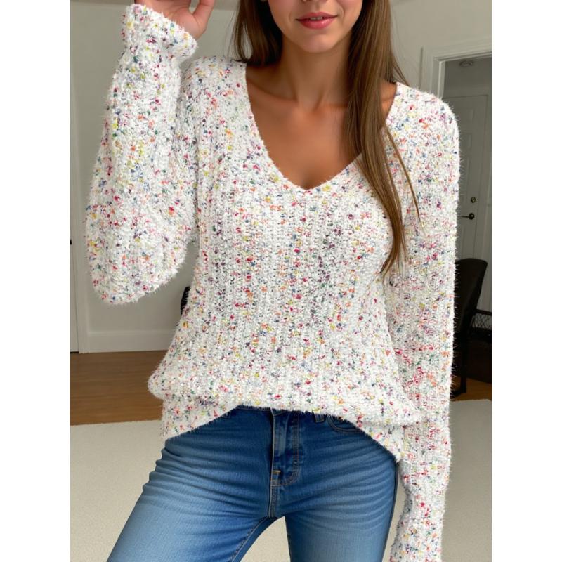 

Women s White Multicolor Speckled V-Neck Fuzzy Knit Slim Long-Sleeve Sweater S бежевий