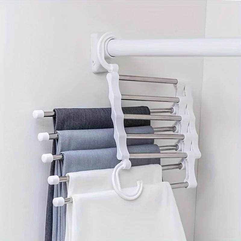 1pc 5-in-1 Stainless Steel Folding Pants Rack Tie Rack Rack Bedroom Closet Organizer Wardrobe Lockers