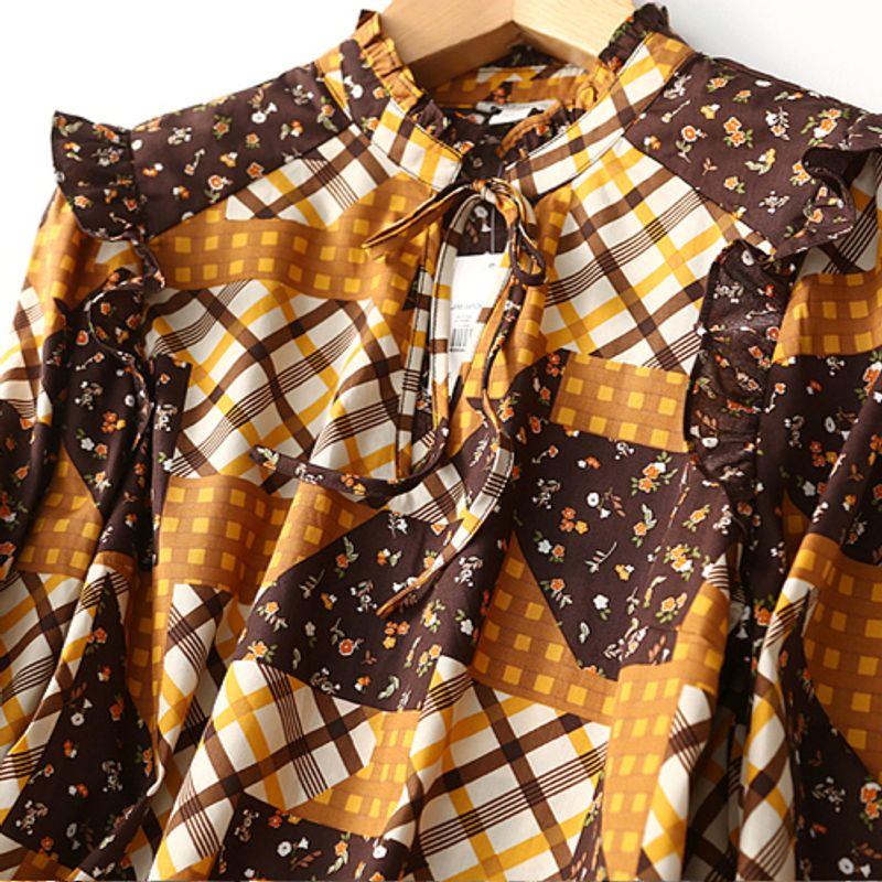 Foreign Trade Export Retro Art Graceful Age-Reducing Floral Plaid Patchwork Lace-up Frill Pure Cotton Shirts Women