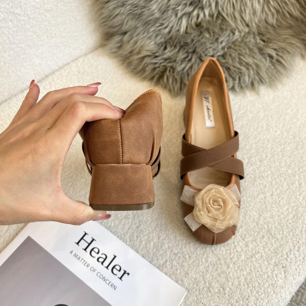 High Heeled Shoes for Women's 2025 Spring New French Cross Strap Ballet Pumps Retro Camellia Flower Mary Jane Shoes for Women