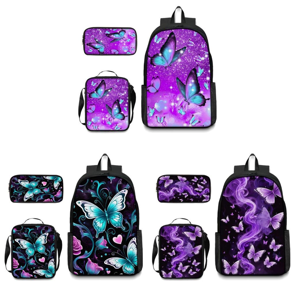 Set Zaino Scolastico con Fantasia Farfalle in Tessuto Oxford Leggero per Studenti Elementari