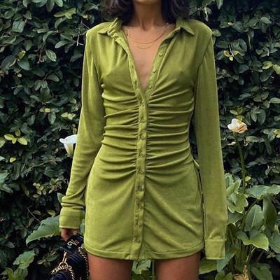 Rochie Mini Sexy Slim Femei Verde Rochie de Petrecere Club Guler Turn-Down Buton Rochii Scurte Feminin Elegant Streetwear Cămașă