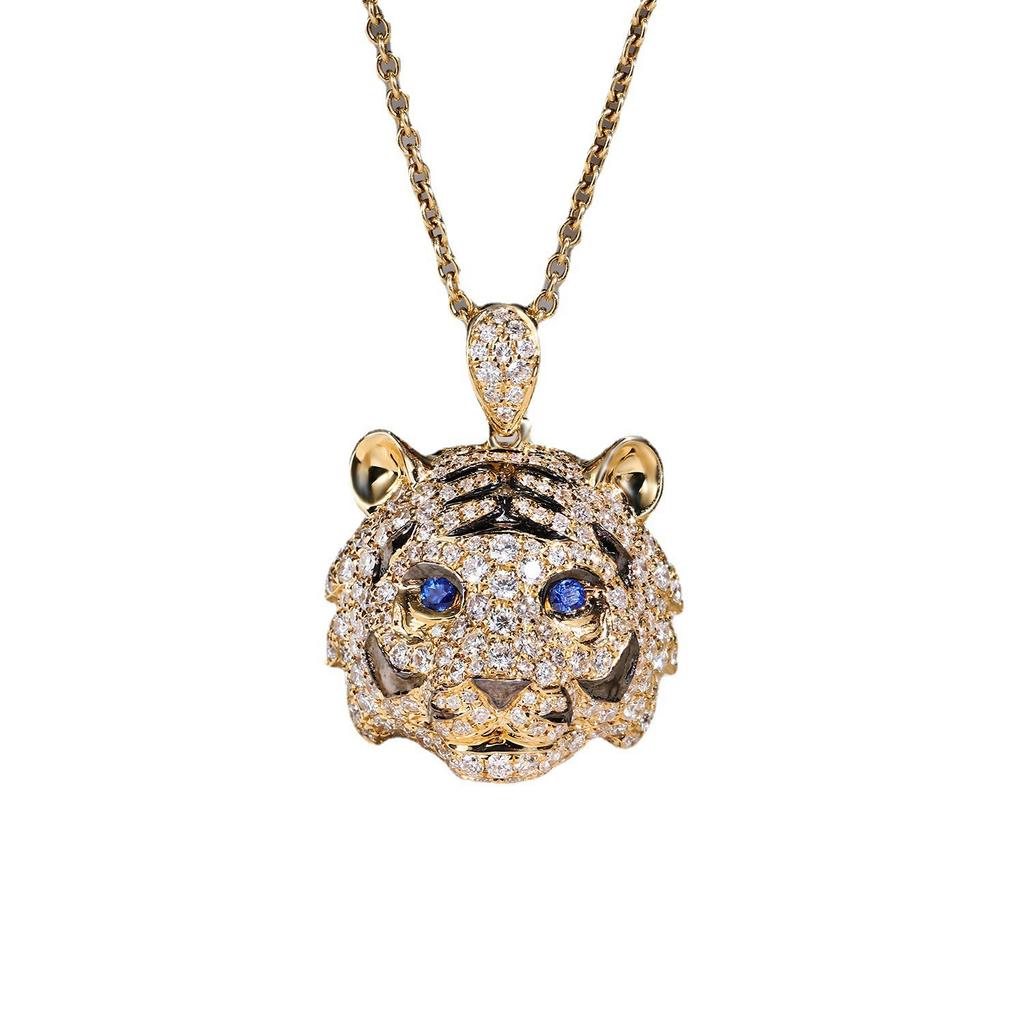 Schwerindustrie-Design Mikro-Eingesetzt mit Diamanten Dominanter Tigerring Damen, Saphir Tiger Leopard Halskette Tierkreis Tiger Ohrstecker Set