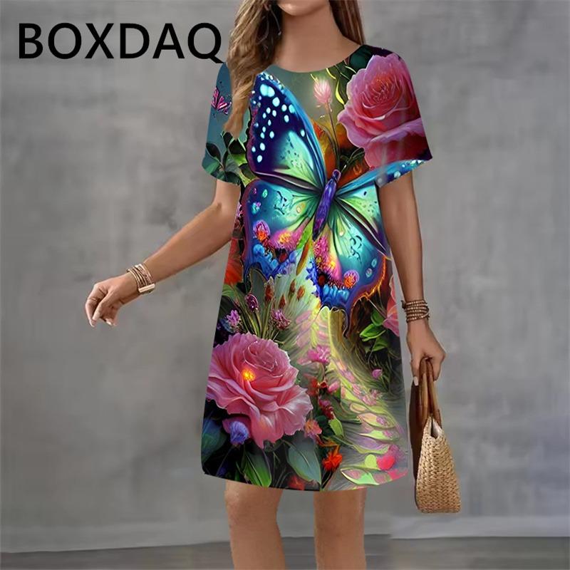 Colorful Butterfly Floral Print Mini Dress Round Neck Short Sleeve Casual Mini Dress Women Summer Dresses