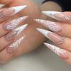 24PCS Spice Girls False Nails Simple White French with Glitter Diamonds Long Stiletto Press On Nails Acrylic Wearable Fake Nails