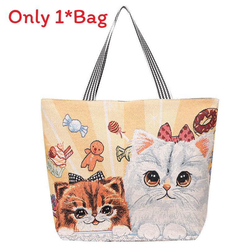 Elephant Hello Kitty Butterfly Embroidered Canvas Tote Bag With Seamed Stitching For Daily Use
