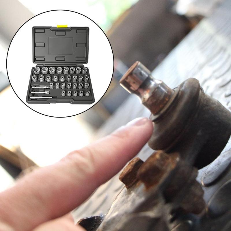 32 Piece Damaged Nut And Bolt Extractors Set Heat Treated Alloy Steel Construction Double Drives Compatibility 29 Size For Automotive Machinery