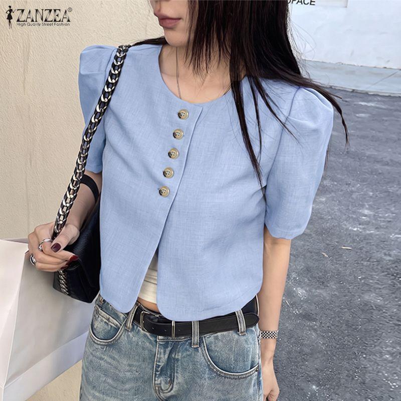 ZANZEA Women Casual Round Neck Solid Color Short Sleeve Cropped Blouse