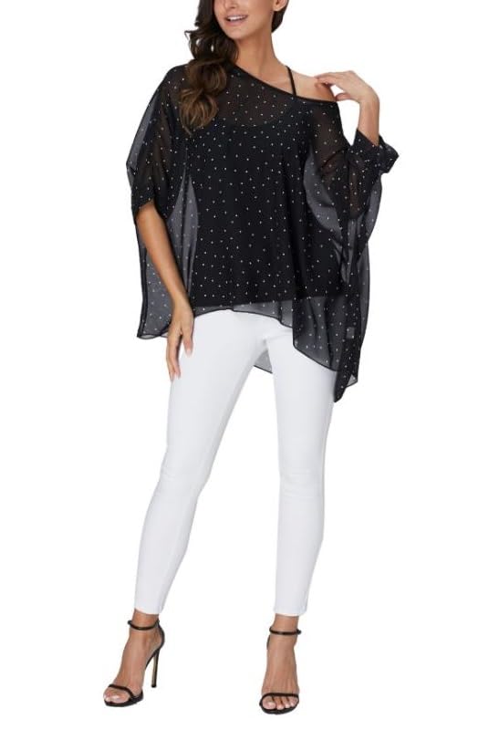Sara Rose Chiffon Loose Summer Blouse with Sleeves Black Polka Women's Tunic, See-Through 3/4 (Free, Dots)