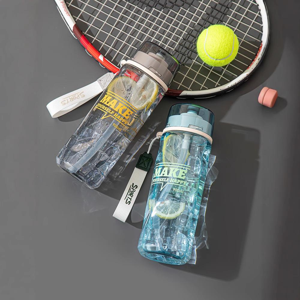 Water bottle simple transparent large capacity plastic cup student fitness sports straw cup outdoor portable rope cup wholesale