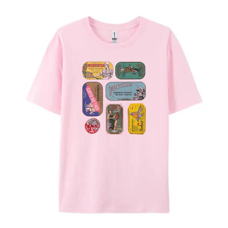 T-shirt Vintage da Donna con Sardine in Lattina Divertente Estetica Foodie T-shirt Carine Grafiche di Frutti di Mare Unisex Estive Larghe Top Retro