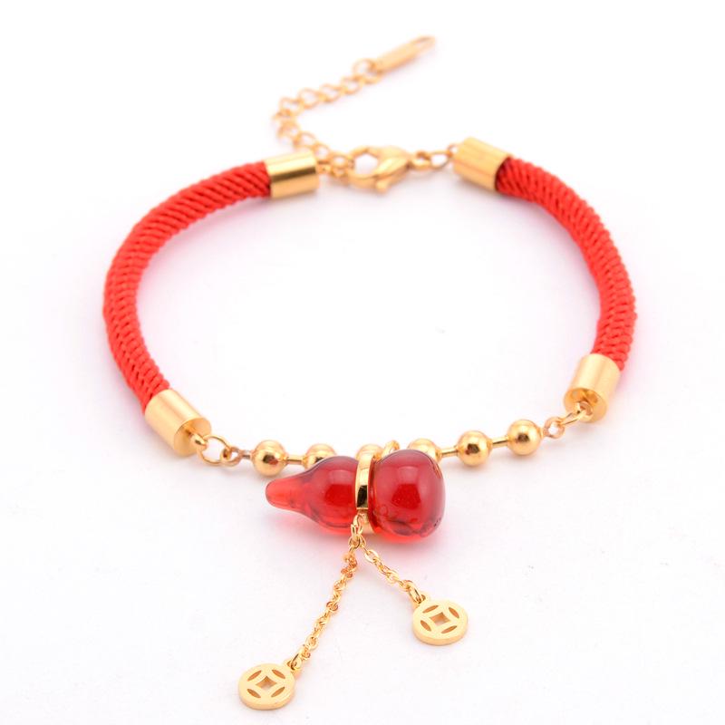 Zodiac Lucky Money Bag Titanium Steel Gold Gourd Red Rope Bracelet