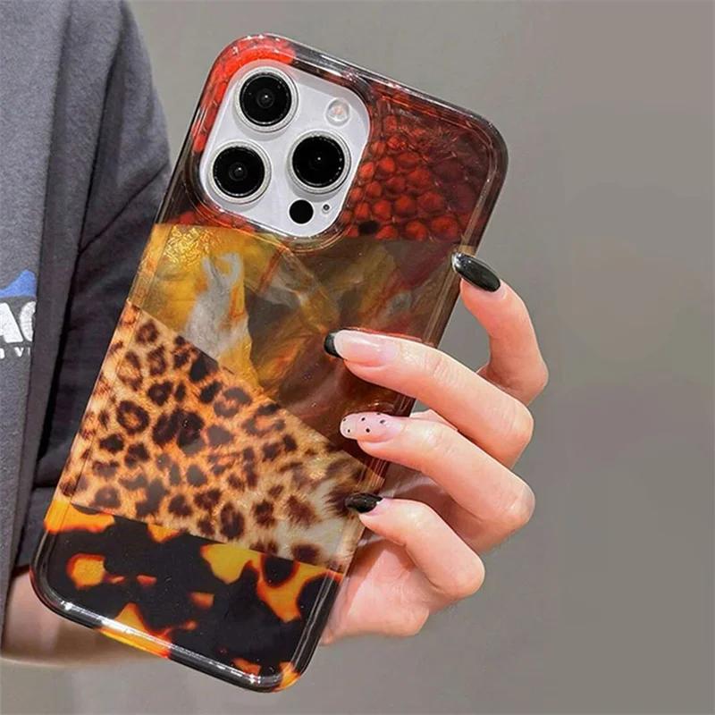 Korean Stripes Leopard Jigsaw Wave Point Print Phone Case for IPhone 16 15 14 13 11 12 Pro Max Plus Patchwork Vortex Cover Funda