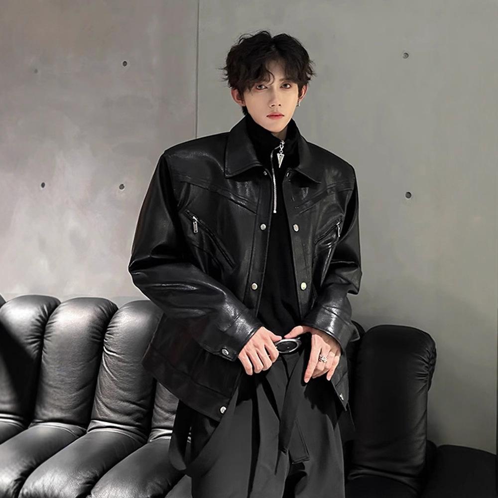 Kurze Schultergepolsterte Lederjacke Herren Trendmarke Raufbold Schön High-End Lokomotivbekleidung Cleanfit Amerikanische Bomberjacke