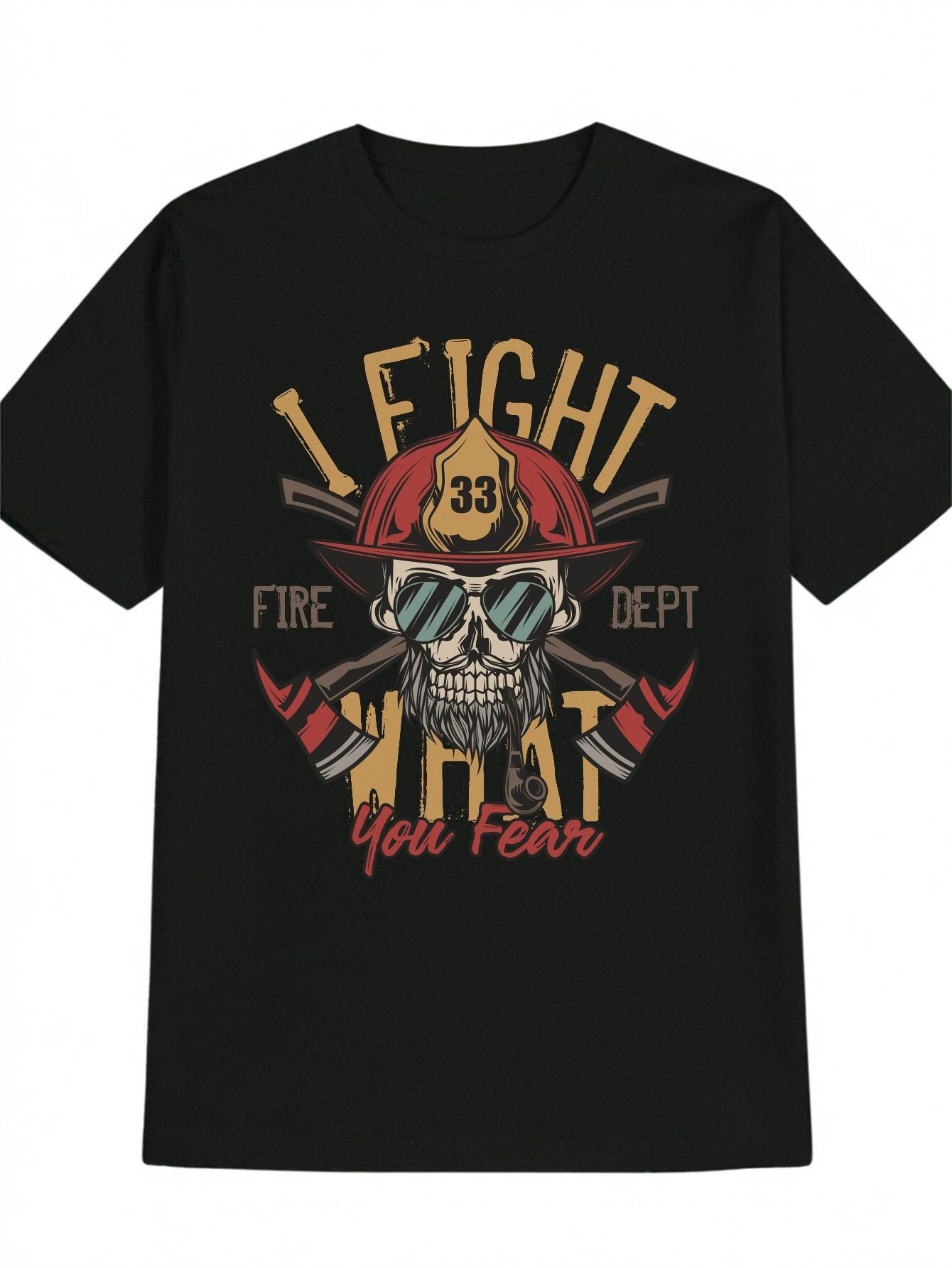 Casual Firefighter Graphic T-shirt - Skull with Red Helmet & Fight Your Fear Design L