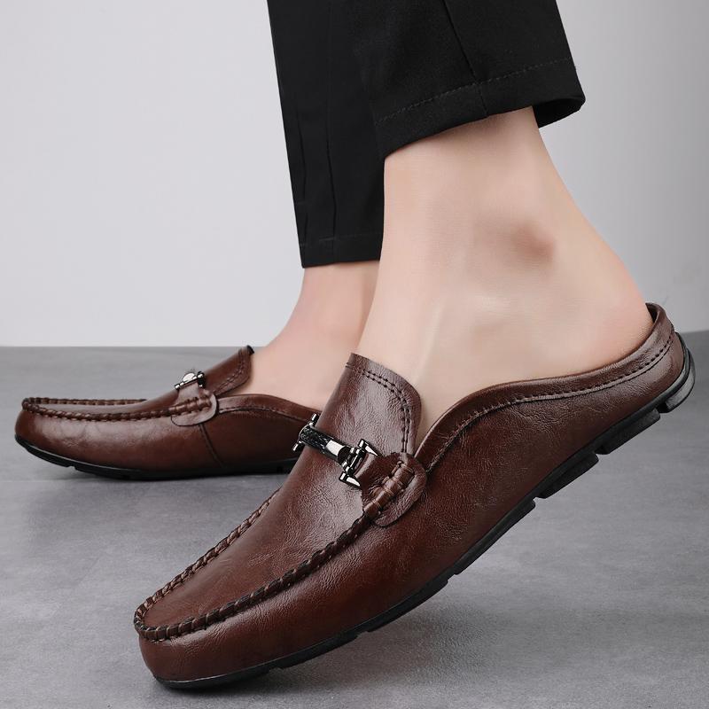 Fashion 2025 Summer New Men's Half Dragged Loafers Leather Comfortable Anti Slip Lazy Fashionable Outdoor Men's Breathable Driving Shoes