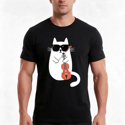 Funny Cat Wearing Sunglasses Playing Violin Viola Musician Tshirt Summer Casual Cotton Tee Oversized Streetwear Tops