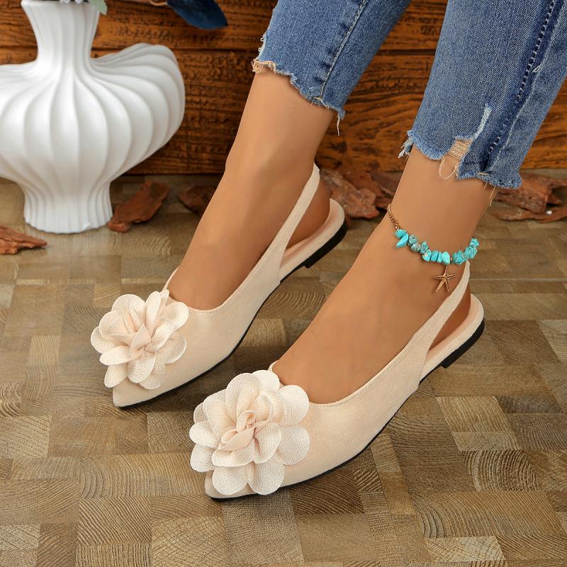 Leisure Pointed Toe Sandals Women 2025 Summer Suede Flat Heels Shoes Women Big Flower Slip On Daily White Shoes