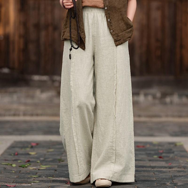 Johnature Women Vintage Wide Leg Pants Spring Solid Color Elastic Waist Loose Trousers Patchwork Long Pants