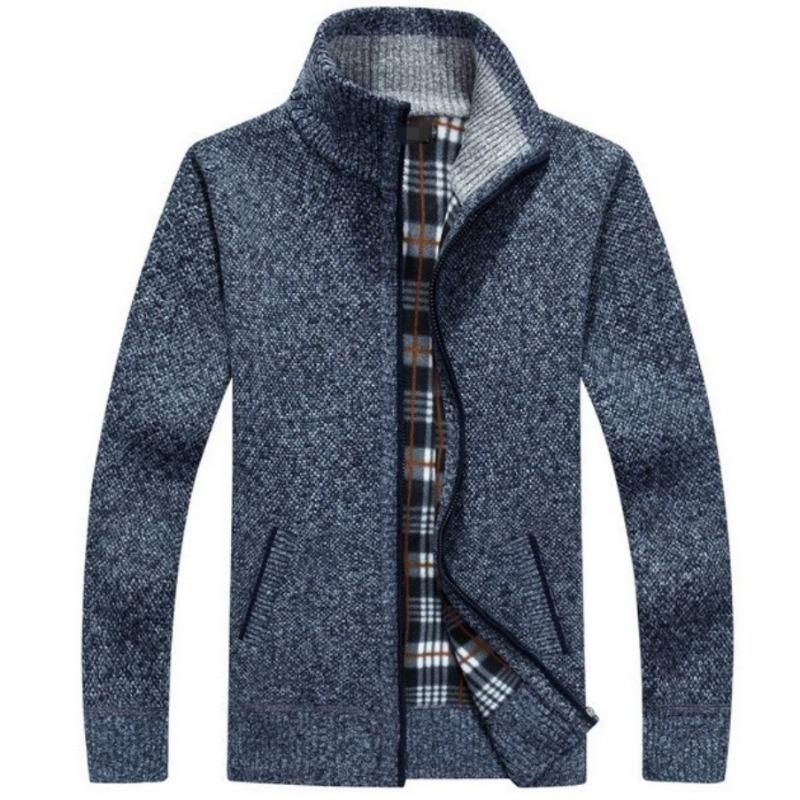 

Мужской длинный вязаный свитер на молнии с плюшем и толстым утеплителем, модный верхний свитер и куртка XL синий