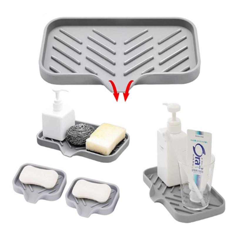 Self Draining Soap Bar Holder Silicone Kitchen Sink Soap Dish Sponge Tray Counter Caddy Organizer for Dish Soap Dispenser