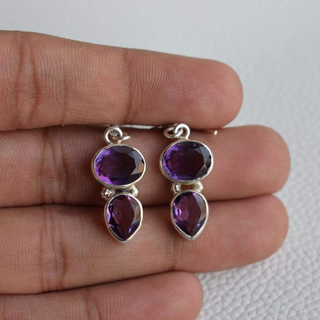 Natural Amethyst Earrings, 925 Sterling Silver Earrings, Gift for her, February Birthstone, Gemstone Earrings, Dual Stone Earrings