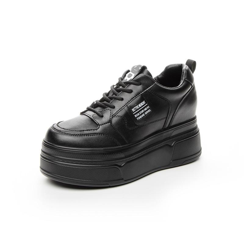 Genuine Leather Shoes Women Fashion Sneakers Flat Platform Brand Ladies Casual Shoes Height Increasing 7cm Black White