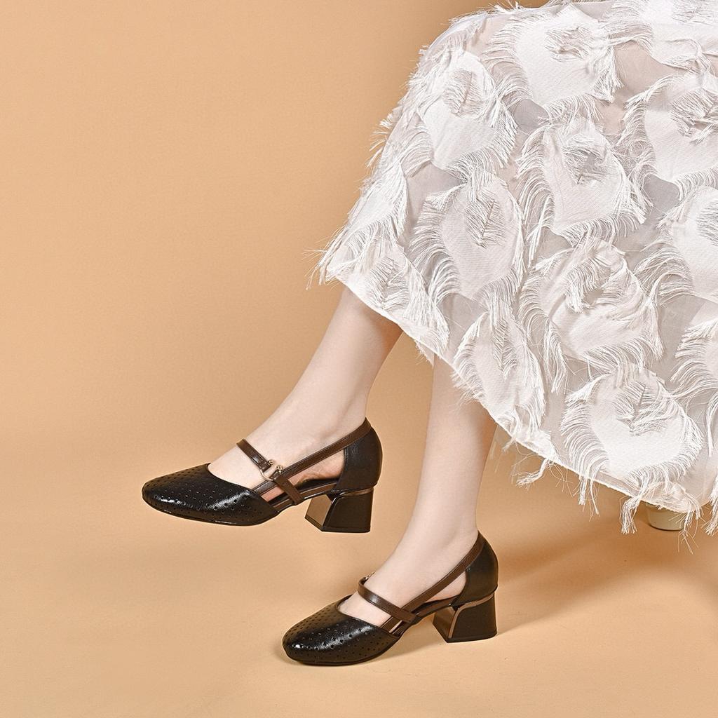 High-heeled sandals women's summer color matching hollow sandals round head punching hollow middle heel top layer cowhide fashion shoes