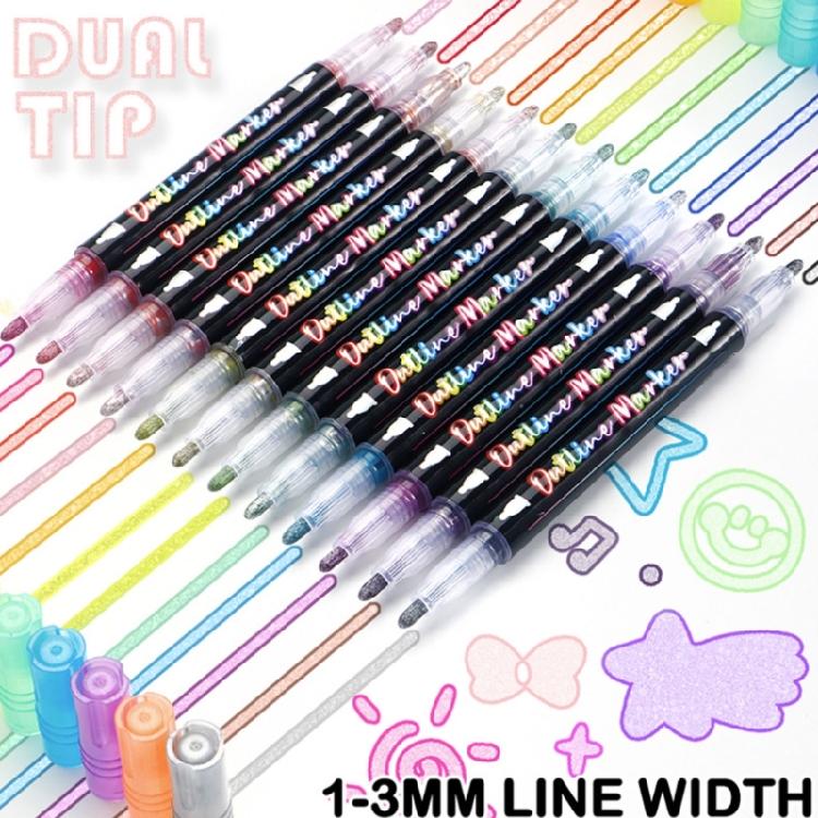 Outline Pen Set, 12Pcs Metallic Outline Marker Pens Gifts Card Writing Double Line Outline Pens Metallic Paint Markers