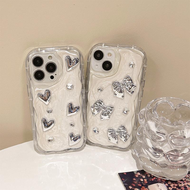 Galvanisiertes Silber Schleife Liebe Handyhülle für Apple 17 Promax Rundumschutz für IPhone 16 Strass Ins