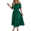 Women's Fashionable Casual Color Off Shoulder Black Fungus Edge Short Sleeved Pleated Waist Dress