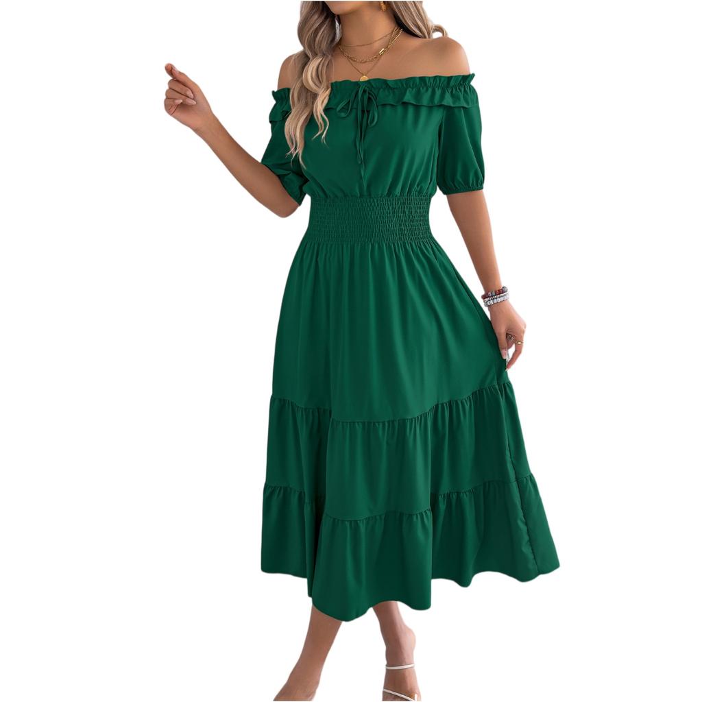 Women's Fashionable Casual Color Off Shoulder Black Fungus Edge Short Sleeved Pleated Waist Dress