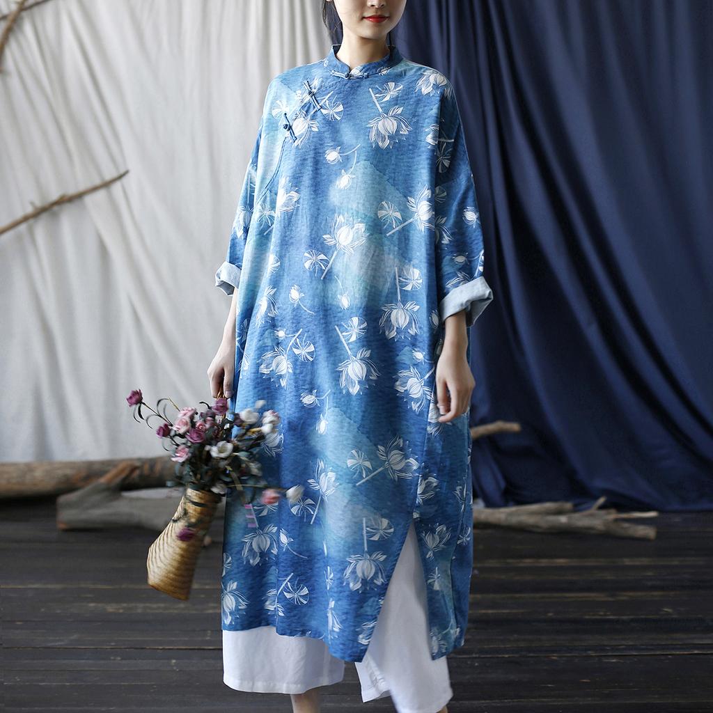 Johnature Women Vintage Dress Stand Bat Sleeve Print Floral Blue Autumn Chinese Stye Loose Dresses