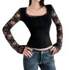 2026 Summer New American-Style Personality Spicy Girl Sexy Long-Sleeve T-Shirt with Lace Splicing and Hollow-Out Black Square-Neck Top
